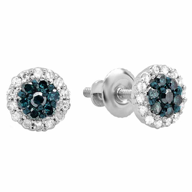 0.30 Carat (ctw) 14k White Gold Blue & White Diamond Ladies Cluster Flower Stud Earrings 1/3 CT
