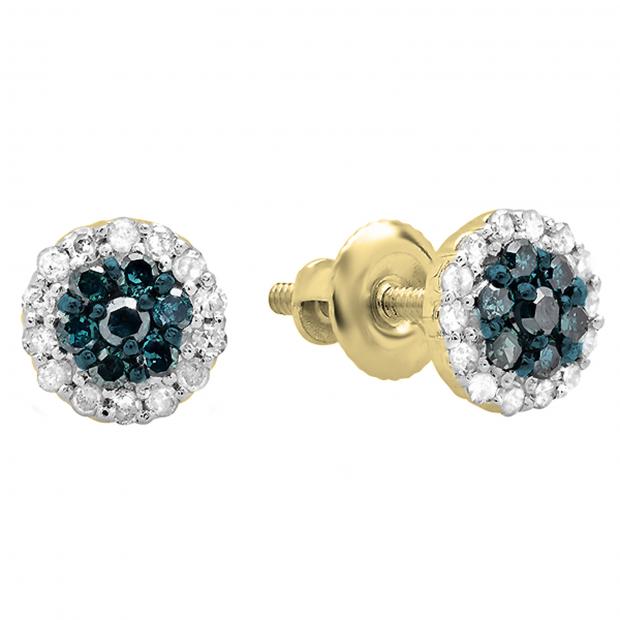 0.30 Carat (ctw) 10K Yellow Gold Blue & White Diamond Ladies Cluster Flower Stud Earrings 1/3 CT
