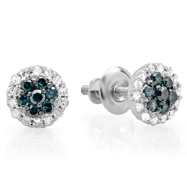 0.30 Carat (ctw) 10k White Gold Blue & White Diamond Ladies Cluster Flower Stud Earrings 1/3 CT