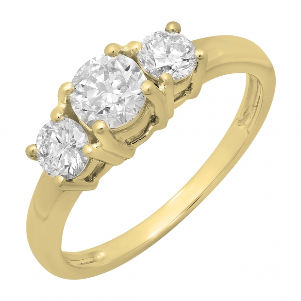 1.00 Carat (ctw) 14k Yellow Gold Round Cut Diamond Ladies 3 Stone Bridal Engagement Ring 1 CT