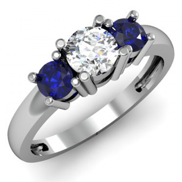 1.00 Carat (ctw) 14k White Gold Round White Diamond and Blue Sapphire Ladies 3 Stone Bridal Engagement Ring 1 CT