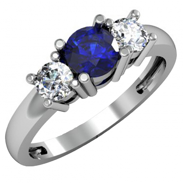 1.00 Carat (ctw) 14k White Gold Round Blue Sapphire and White Diamond Ladies 3 Stone Bridal Engagement Ring 1 CT