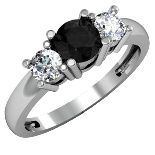 1.00 Carat (ctw) 10k White Gold Round Black and White Diamond Ladies 3 Stone Bridal Engagement Ring 1 CT