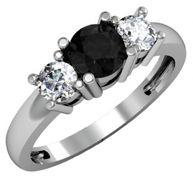 1.00 Carat (ctw) 14k White Gold Round Black and White Diamond Ladies 3 Stone Bridal Engagement Ring 1 CT