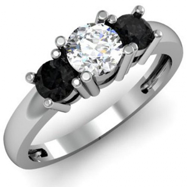1.00 Carat (ctw) 18k White Gold Round White and Black Diamond Ladies 3 Stone Bridal Engagement Ring 1 CT