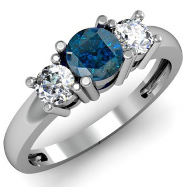 1.00 Carat (ctw) 14k White Gold Round Blue and White Diamond Ladies 3 Stone Bridal Engagement Ring 1 CT