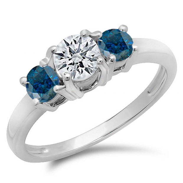 1.00 Carat (ctw) 14k White Gold Round White and Blue Diamond Ladies 3 Stone Bridal Engagement Ring 1 CT