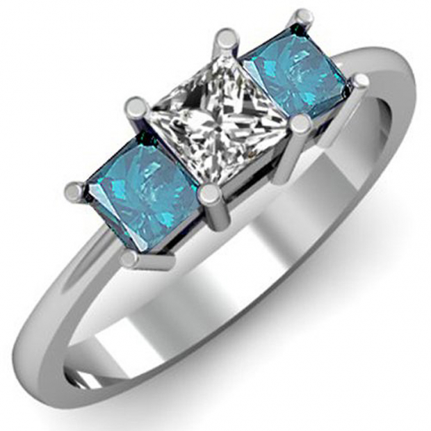 1.00 Carat (ctw) 14k White Gold Princess Cut White and Blue Diamond Ladies Bridal 3 Stone Engagement Ring 1 CT