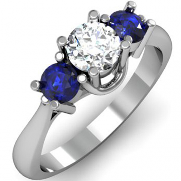 1.00 Carat (ctw) 14k White Gold Round White Diamond and Blue Sapphire Ladies 3 Stone Bridal Engagement Ring 1 CT