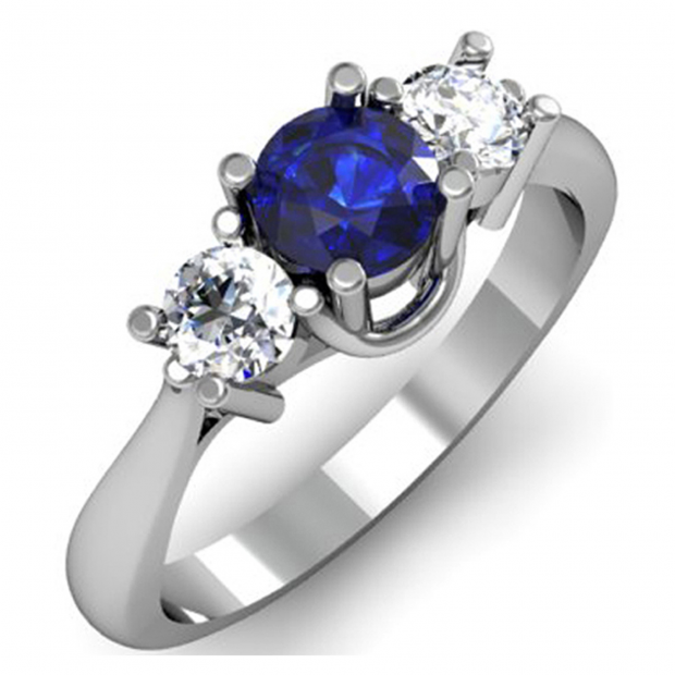 1.00 Carat (ctw) 14k White Gold Round Blue Sapphire and White Diamond Ladies 3 Stone Bridal Engagement Ring 1 CT