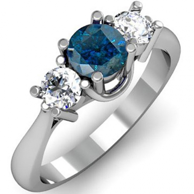 1.00 Carat (ctw) 14k White Gold Round Blue and White Diamond Ladies 3 Stone Bridal Engagement Ring 1 CT