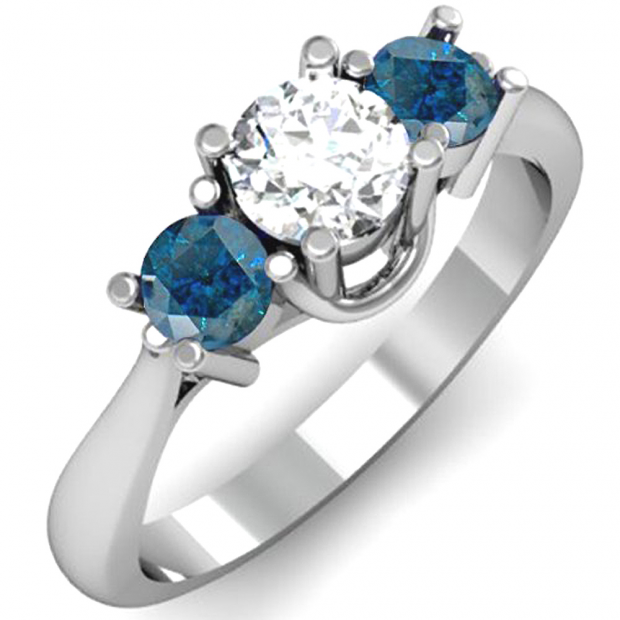 1.00 Carat (ctw) 14k White Gold Round White and Blue Diamond Ladies 3 Stone Bridal Engagement Ring 1 CT