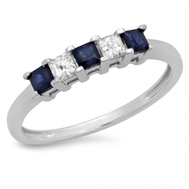 0.50 Carat (ctw) 10k White Gold Princess Cut Blue Sapphire and White Diamond Ladies 5 Stone Bridal Wedding Band Anniversary Ring 1/2 CT