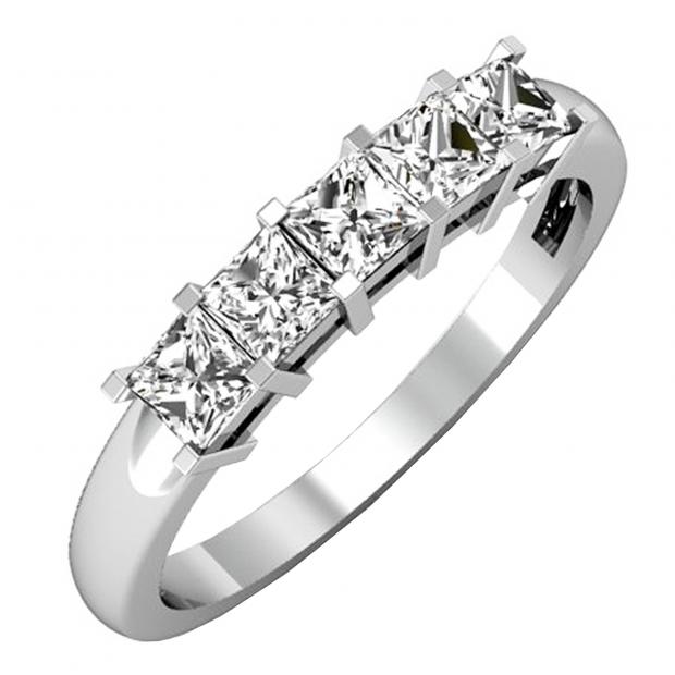 IGI CERTIFIED 0.76 Carat (ctw) 14K White Gold Princess Cut White Diamond Ladies 5 Stone Bridal Wedding Band Anniversary Ring 3/4 CT