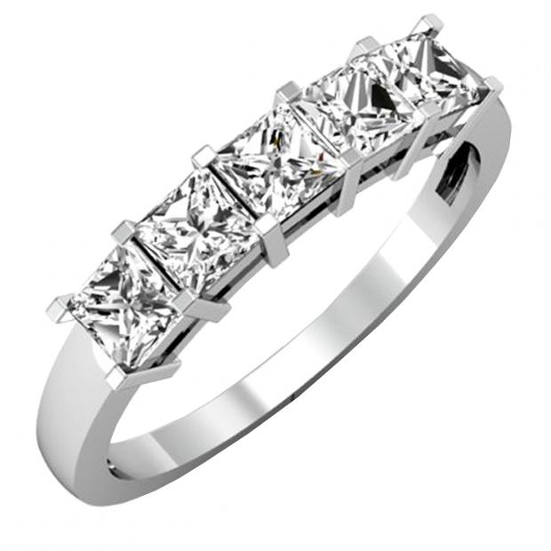 IGI CERTIFIED 1.01 Carat (ctw) 14K White Gold Princess Cut White Diamond Ladies 5 Stone Bridal Wedding Band Anniversary Ring 1 CT