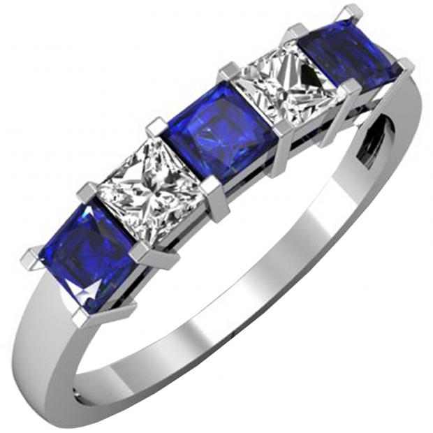 1.00 Carat (ctw) 14k White Gold Princess Cut Blue Sapphire and White Diamond Ladies 5 Stone Bridal Wedding Band Anniversary Ring 1 CT