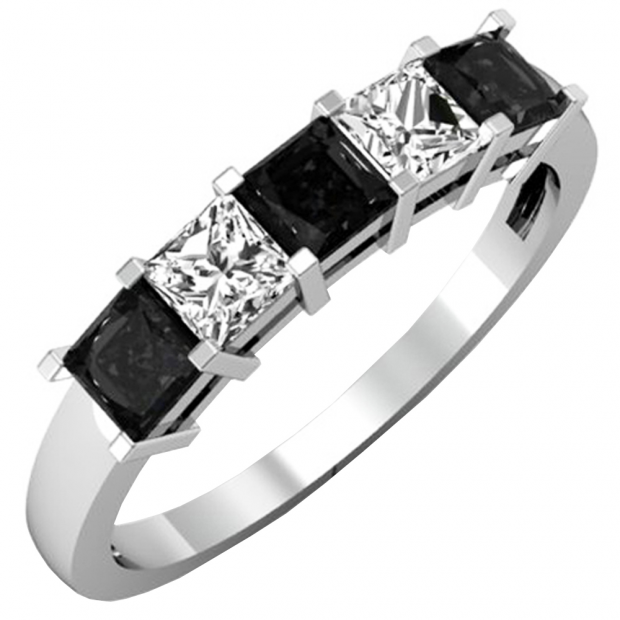 1.35 Carat (ctw) 10k White Gold Princess Cut Black and White Diamond Ladies 5 Stone Bridal Wedding Band Anniversary Ring