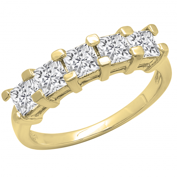 2.00 Carat (ctw) Princess White Diamond Ladies 5 Stone Wedding Ring 2 CT 10K Yellow Gold