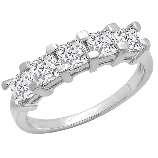 2.00 Carat (ctw) Princess White Diamond Ladies 5 Stone Wedding Ring 2 CT 14K White Gold