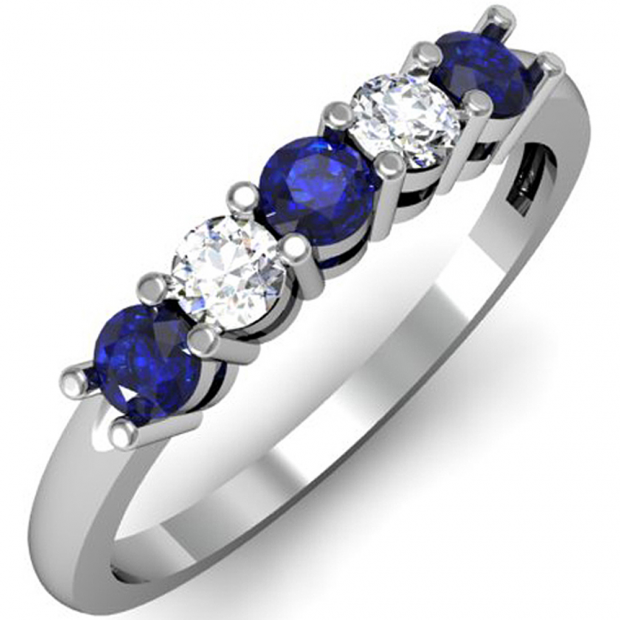 0.50 Carat (ctw) 14K White Gold Round Blue Sapphire and White Diamond Ladies 5 Stone Bridal Wedding Band Anniversary Ring 1/2 CT