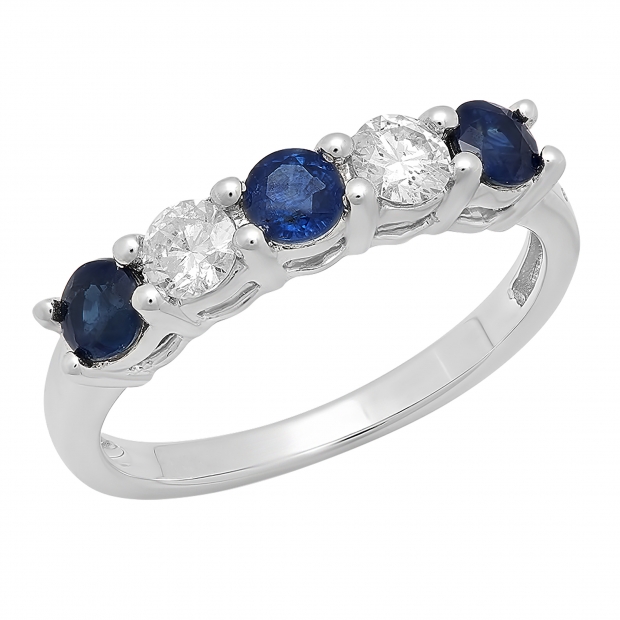 0.75 Carat (ctw) 14K White Gold Round Blue Sapphire and White Diamond Ladies 5 Stone Bridal Wedding Band Anniversary Ring 3/4 CT