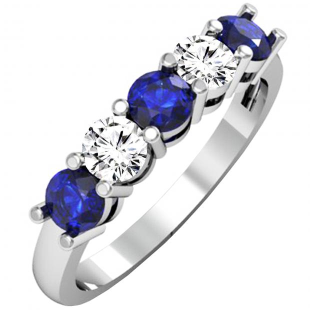 1.00 Carat (ctw) 10K White Gold Round Blue Sapphire and White Diamond Ladies 5 Stone Bridal Wedding Band Anniversary Ring 1 CT
