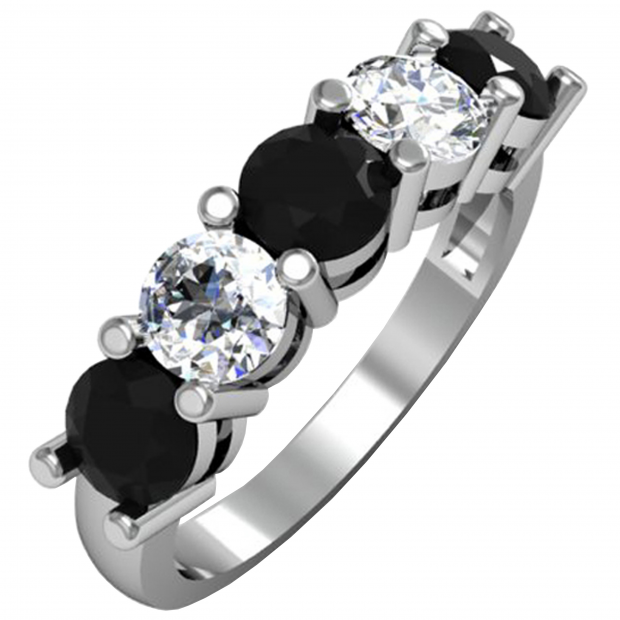 2.00 Carat (ctw) 14K White Gold Round Black and White Diamond Ladies 5 Stone Bridal Wedding Band Anniversary Ring 2 CT