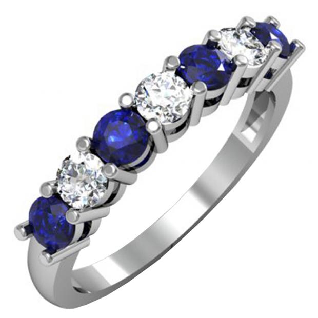 1.00 Carat (ctw) 14K White Gold Round Blue Sapphire and White Diamond Ladies 7 Stone Bridal Wedding Band Anniversary Ring 1 CT