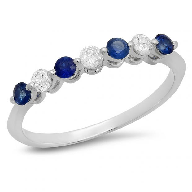 0.50 Carat (ctw) 14K White Gold Round Blue Sapphire and White Diamond Ladies 7 Stone Bridal Wedding Band Anniversary Ring 1/2 CT