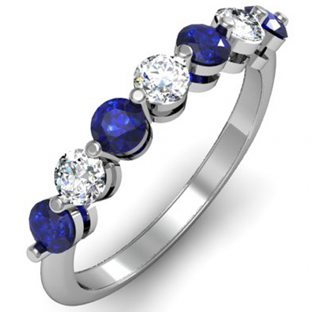 1.00 Carat (ctw) 14K White Gold Round Blue Sapphire and White Diamond Ladies 7 Stone Bridal Wedding Band Anniversary Ring 1 CT