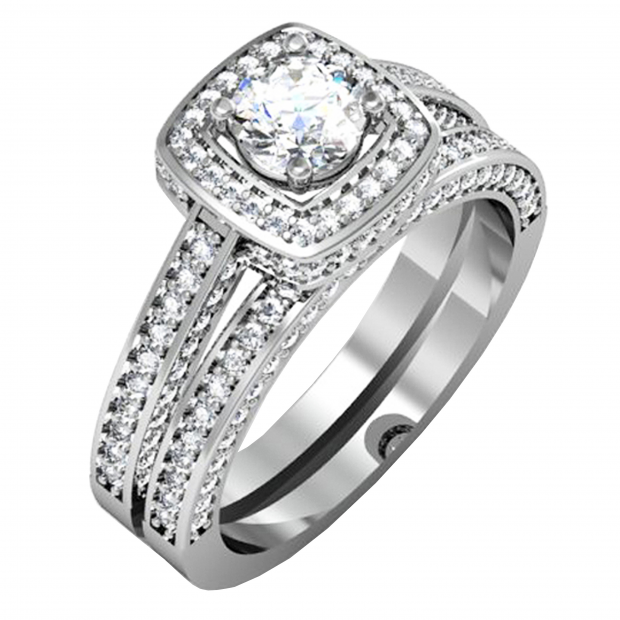 1.50 Carat (ctw) 14k White Gold Round Diamond Ladies Halo Style Bridal Engagement Ring Set Matching Band 1 1/2 CT