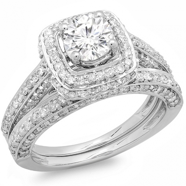2.00 Carat (ctw) 14k White Gold Round Diamond Ladies Halo Style Bridal Engagement Ring Set Matching Band 2 CT