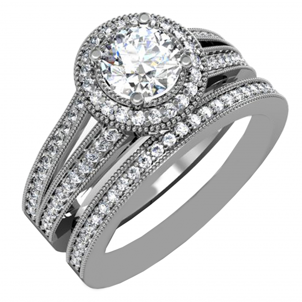 1.00 Carat (ctw) 14k White Gold Round Diamond Ladies Split Shank Halo Style Bridal Engagement Ring Set With Matching Band 1 CT