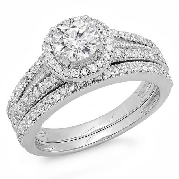 1.25 Carat (ctw) 14k White Gold Round Diamond Ladies Split Shank Halo Style Bridal Engagement Ring Set With Matching Band 1 1/4 CT