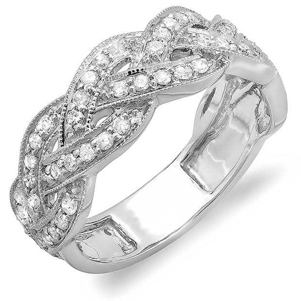 0.58 Carat (ctw) 10k White Gold Round Diamond Ladies Anniversary Wedding Matching Band Stackable Swirl Ring 1/2 CT