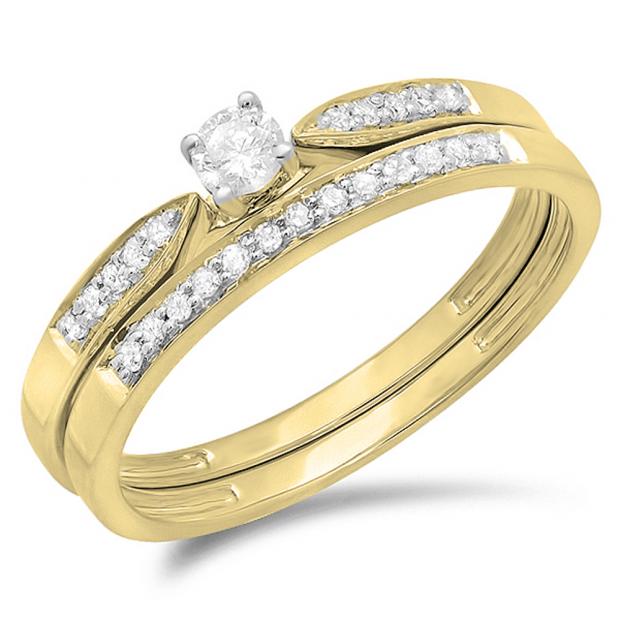 0.25 Carat (ctw) 14K Yellow Gold Round Diamond Ladies Bridal Engagement Ring Matching Band Wedding Set 1/4 CT