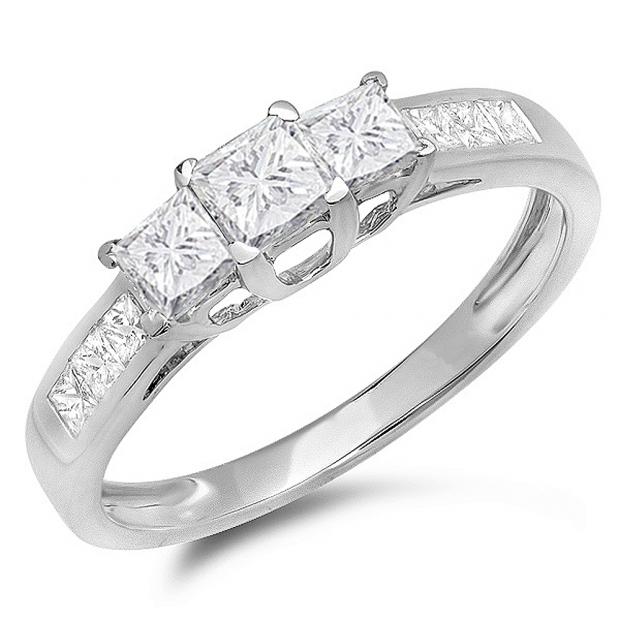 1.00 Carat (ctw) 10K White Gold Princess Cut Diamond Ladies 3 Stone Bridal Engagement Ring 1 CT