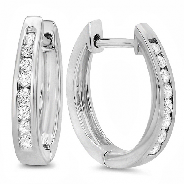 0.20 Carat (ctw) 10K White Gold Round Diamond Ladies Hoop Earrings 1/5 CT