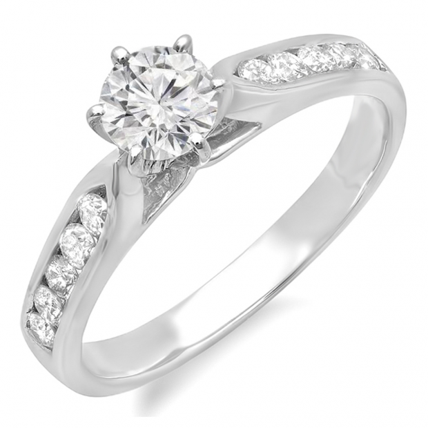 1.20 Carat (ctw) 14k White Gold Round Diamond Ladies Solitaire With Accents Bridal Engagement Ring 1 1/4 CT