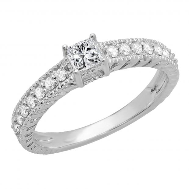 0.50 Carat (ctw) 14k White Gold Princess and Round Diamond Ladies Solitaire With Accents Bridal Engagement Ring 1/2 CT