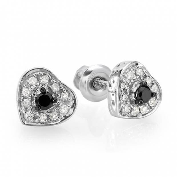 0.25 Carat (ctw) Sterling Silver Round Cut Black & White Diamond Ladies Heart Shaped Stud Earrings 1/4 CT