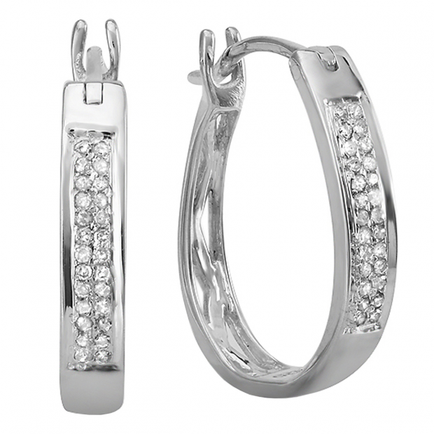 0.11 Carat (ctw) 925 Sterling Silver Round Diamond Ladies Micro Pave Hoop Earrings 1/10 CT