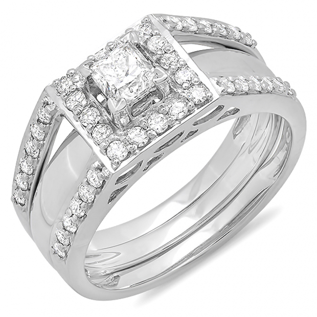 1.00 Carat (ctw) 14k White Gold Princess and Round Cut Diamond Ladies Bridal Halo Style Engagement Ring Set With Matching Band 1 CT
