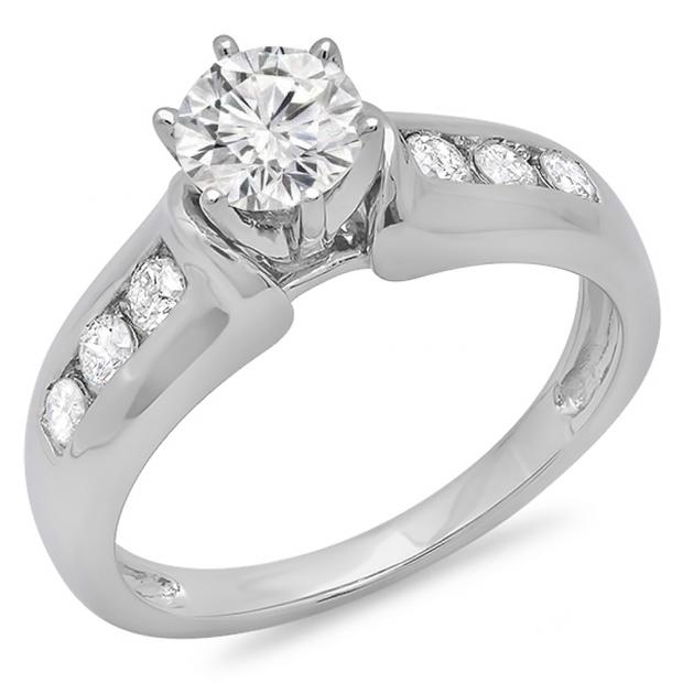 1.00 Carat (ctw) 10K White Gold Round Cut Diamond Ladies Bridal Solitaire With Accents Engagement Ring 1 CT