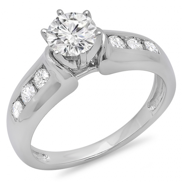 1.00 Carat (ctw) 14K White Gold Round Cut Diamond Ladies Bridal Solitaire With Accents Engagement Ring 1 CT