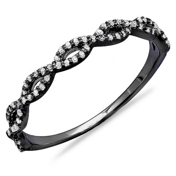 0.20 Carat (ctw) Black Rhodium Plated 18K White Gold Round Diamond Ladies Swirl Anniversary Wedding Band Stackable Ring 1/5 CT