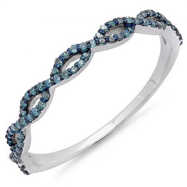 0.20 Carat (ctw) 10K White Gold Round Blue Diamond Ladies Swirl Anniversary Wedding Band Stackable Ring 1/5 CT