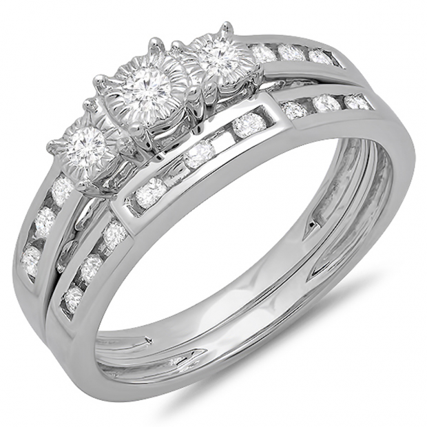 0.40 Carat (ctw) 10k White Gold Round Diamond Ladies 3 Stone Bridal Engagement Ring Set