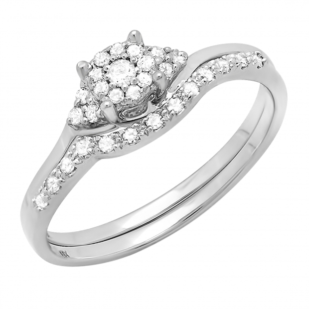 0.25 Carat (ctw) 10k White Gold Round Diamond Ladies Halo Style Bridal Engagement Ring Set With Matching Band 1/4 CT