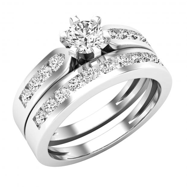 1.00 Carat (ctw) 18k White Gold Round Diamond Ladies Bridal Engagement Ring Set With Matching Band 1 CT